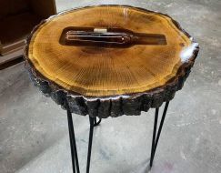 Tree Slab & Epoxy Side Table w/ Wine Bottle